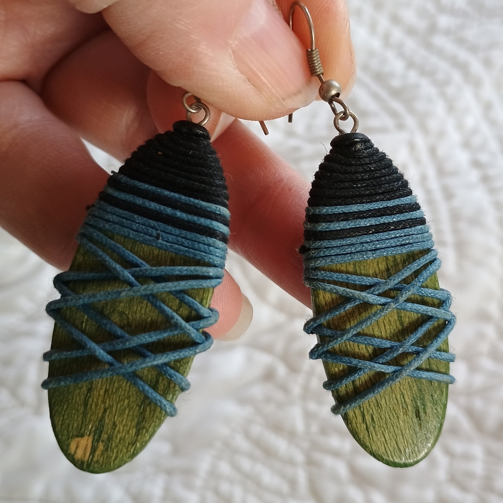 Handcrafted Artisan Wooden & String Dangle Tear Drop Earrings
